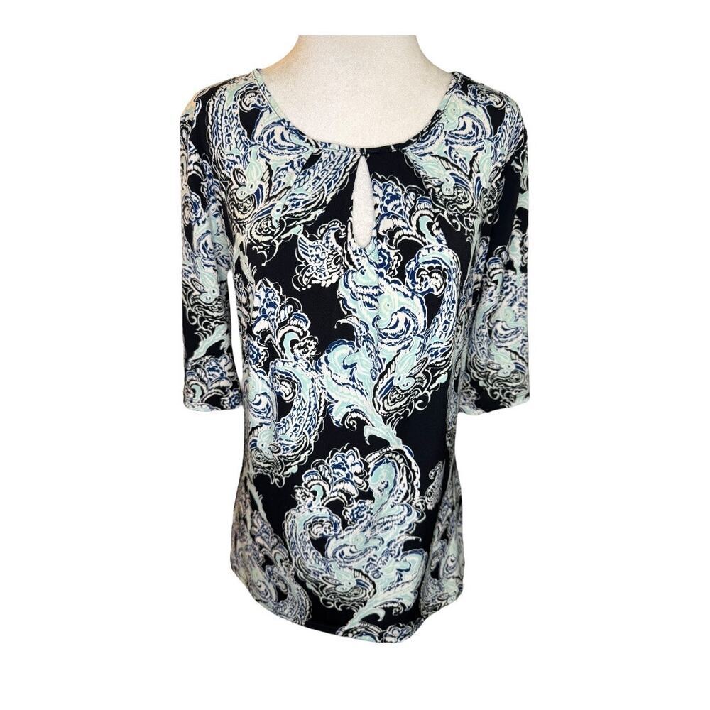 Ann Taylor Women's Blue Paisley Keyhole Blouse Size Small Short Sleeve